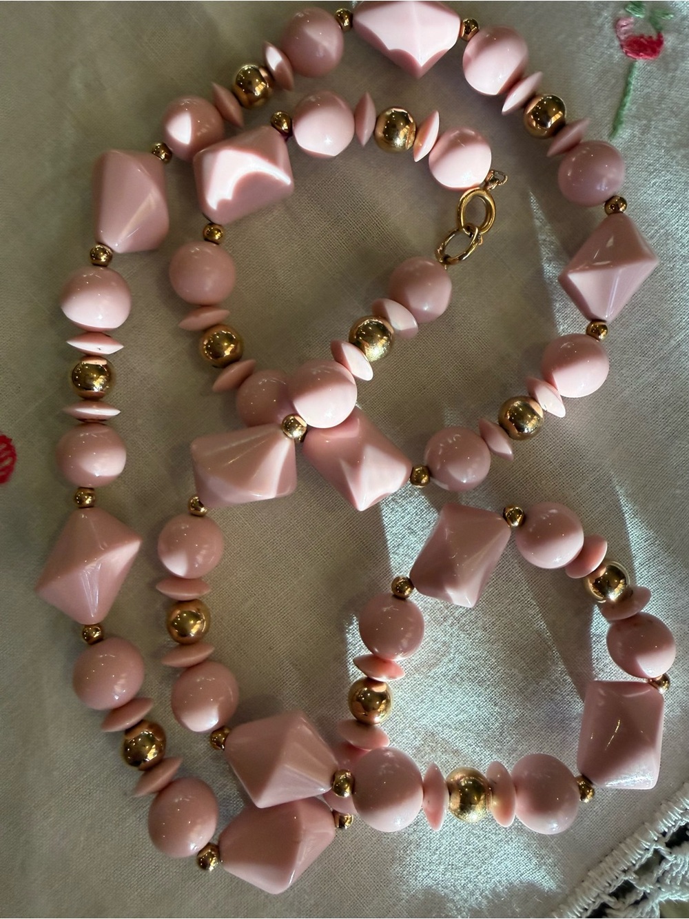 Vintage Pink Lucite Beaded Necklace with Gold Accents